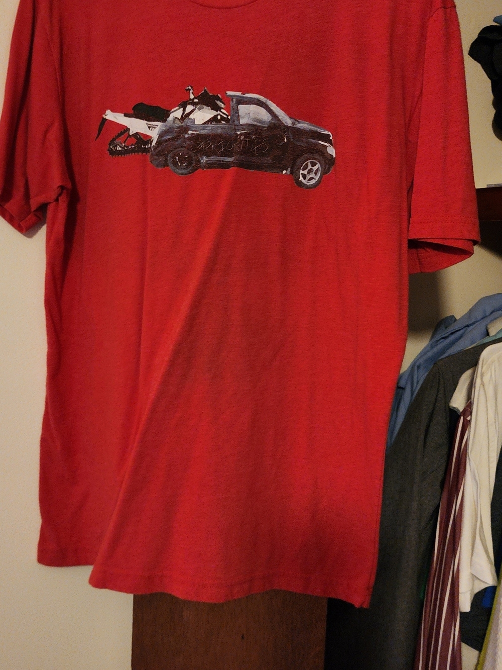 Men's Red Graphic Crew Tee with Vehicle Print